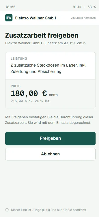 Kundenportal: Zusatzarbeit mit Preis freigeben