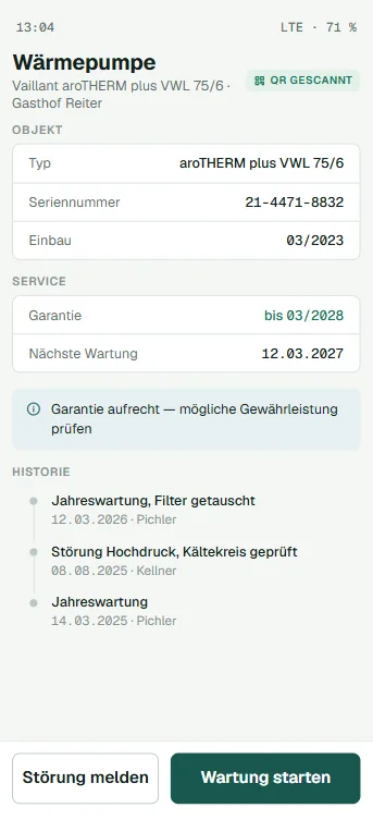 Objektansicht nach QR-Scan mit Anlagendaten und Historie