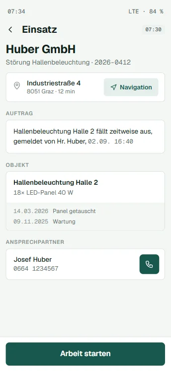 Einsatzdetail mit Adresse, Auftragstext, Objekt-Historie und Ansprechpartner